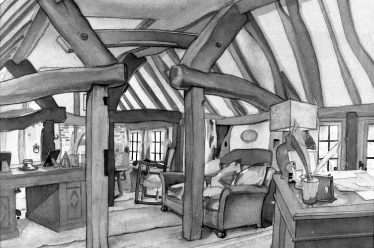 An unsigned drawing of the interior of the offices of the Quinette mineral water factory in what would later become The Castle Theatre and even later Zizzi in Castle Street, Farnham