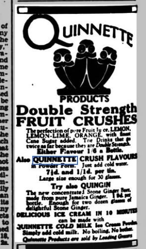 The Quinette factory in Castle Street, Farnham, didn't just produce mineral water it seems, with this advert also offering 'double strength fruit crushes' as well as 'delicious ice cream in 10 minutes with Quinette cold milk ice cream powder'