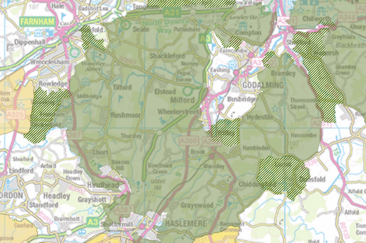 A map showing the proposed expansions to the Surrey Hills AONB