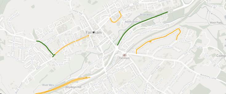 These are the scheduled works on Surrey County Council's road resurfacing programme – green roads are planned for this year, and orange for future years