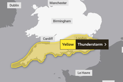 Met Office warns of thunderstorm and heavy rain on Tuesday morning