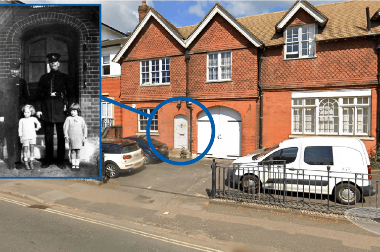 Superintendent Simmonds (far left) with his grandson Arthur Slaught outside The Old Court House in Union Road. As yet unidentified are the officer and child to the right.