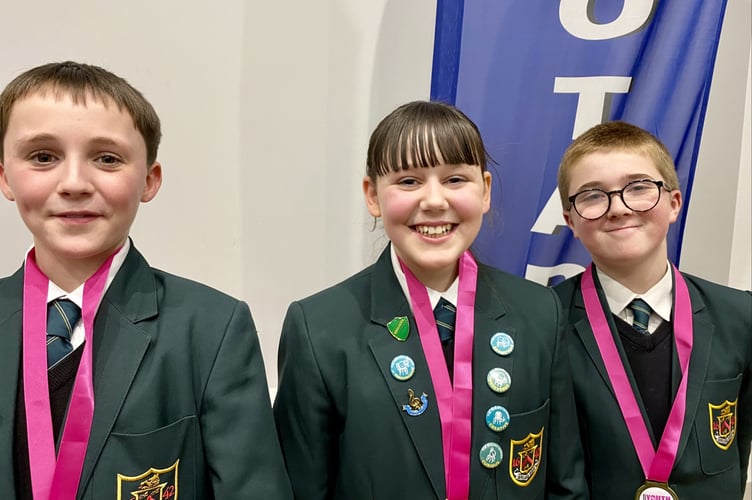 Eggar's School pupils Luca, Clara and Aiden with their Rotary Youth Speaks heat winner’s medals, UCA Farnham, January 17th 2024.