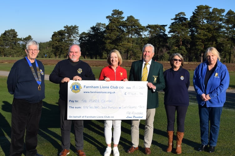 Left to right: Phil Alexander (Farnham Lions’ president), Carl Taylor (Lions Golf Day chairperson), Alison Hays (Hindhead GC Ladies Captain), Geoff Sullivan (Hindhead GC Men’s Captain), Rosemary Morris (Farnham Lions) and Elaine Clement (The Hunter Centre)