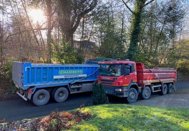 Heavy-duty lorries struggle to pass each other on Scotland Lane